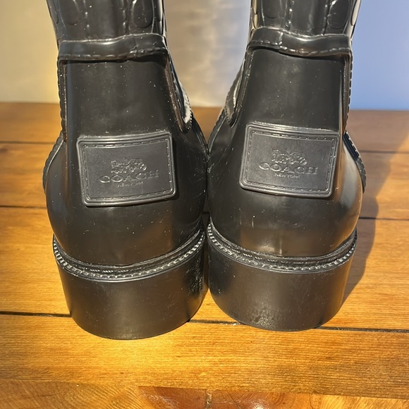 Coach Jacquard C Laced Up Back Bow Heeled Black Tall Rainboots Women's Size 6 - Picture 5 of 11